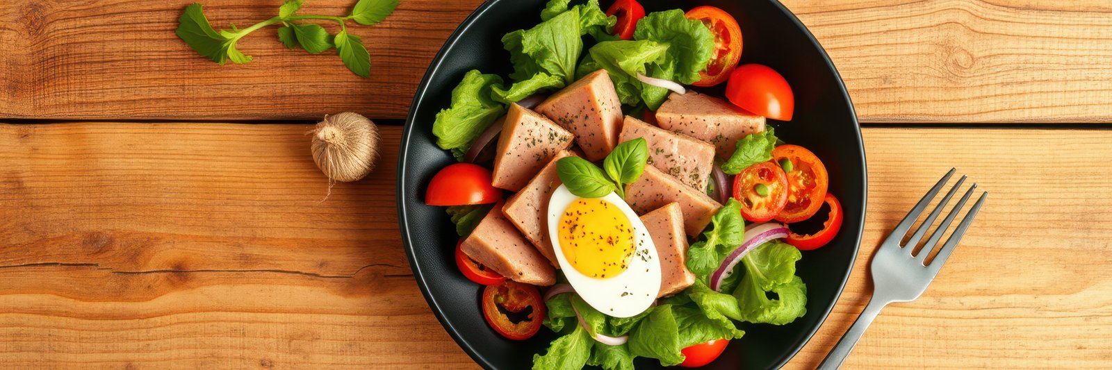 Fresh salad topped with egg and tomatoes served on a wooden table for a healthy meal option